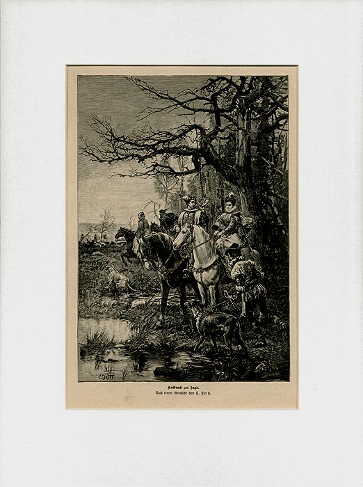 Aufbruch zur Jagd v Detti Original Holzstich von 1892 1 Billerantik